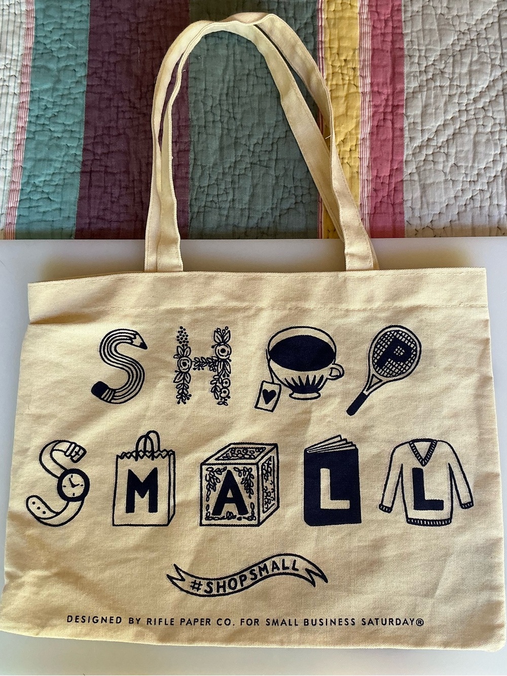 Rifle Paper Co. Cream Tote with Navy 'Shop Small' Graphic - Picture 1 of 2